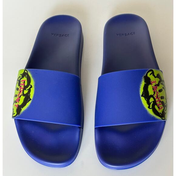 Versace Smiley Medusa Slides Sandals Blue/Lime 11 US (44 Eu) DSU6516 IT NIB $450 - Picture 6 of 13